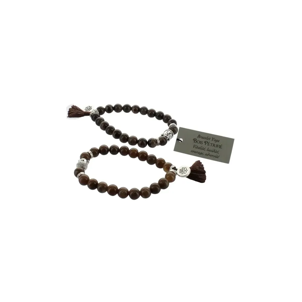 Bracelet Bois Pétrifié Perles rondes 8 mm Pompon et Lotus Bracelet Bois Pétrifié Perles rondes 8 mm Pompon et Lotus