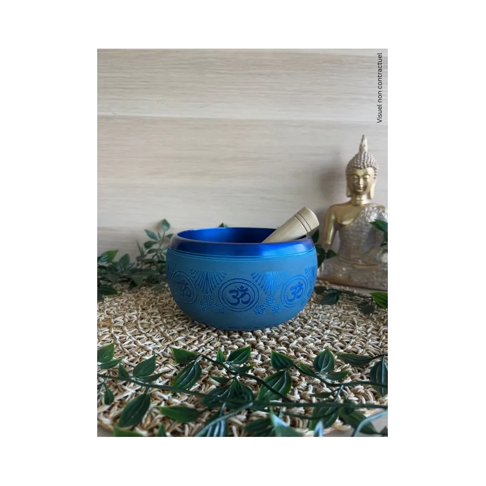 Bol Chantant Tibétain Aluminium Bleu Om env 14 cm